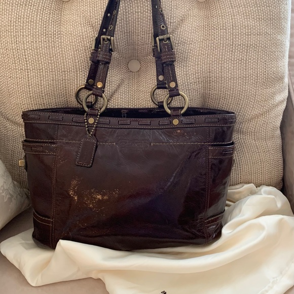 Coach…..Chocolate brown patent leather laptop/ carry-all - Picture 1 of 8